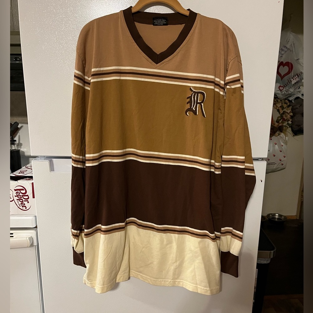 Red Ape Long Sleeve Pullover Shirt XL‎ Brown And Tan Stripe With Logo